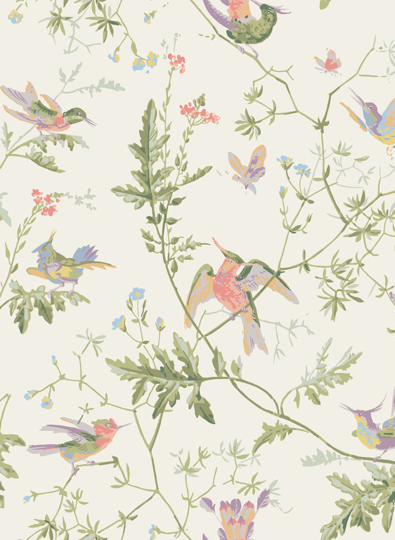 Cole & Son Tapete Hummingbirds - Soft Multi/ Olive Green on White-14737.8