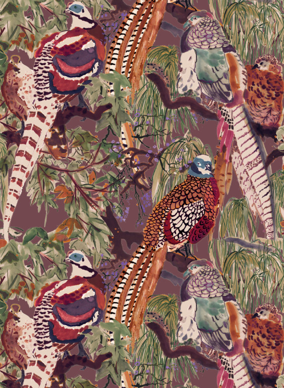 Mulberry Home Tapete Game Birds - Red/ Plum-16574.5
