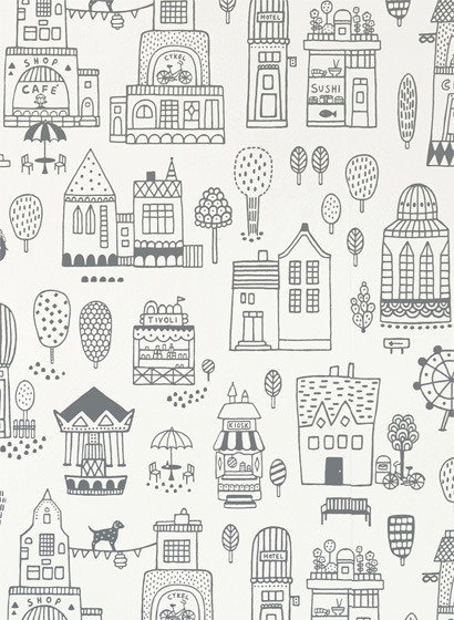 Majvillan Kindertapete Small Town - Soft Black-3086.2 Majvillan Kindertapete Small Town - Soft Black-3086.2