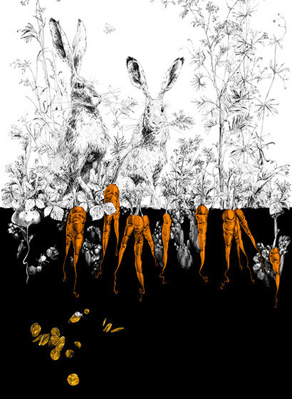 Edmond Petit Wallpaper Licvres/Fenouil/Tournesol - Noir Orange Lièvres Gauche - Noir Orange Doré-4476.4
