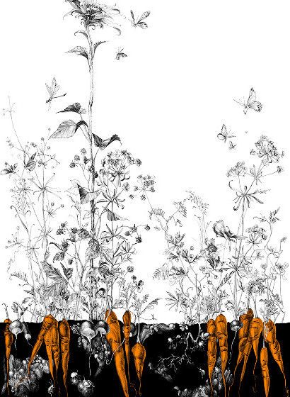 Edmond Petit Wallpaper Licvres/Fenouil/Tournesol - Noir Orange Tournesol Gauche - Noir Orange Doré-4476.5