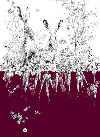 Edmond Petit Wallpaper Licvres/Fenouil/Tournesol - Aubergine Lièvres Gauche - Aubergine-4479.4