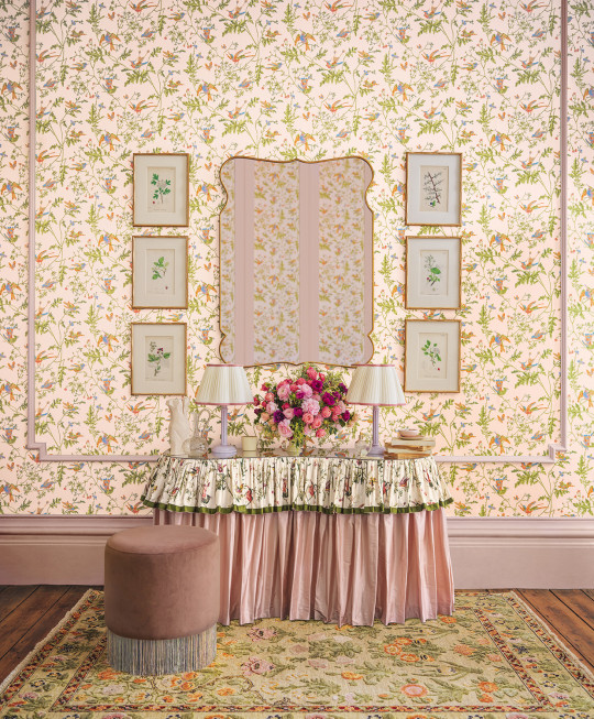 Cole & Son Tapete Hummingbirds - Tangerine/ Olive on Blush