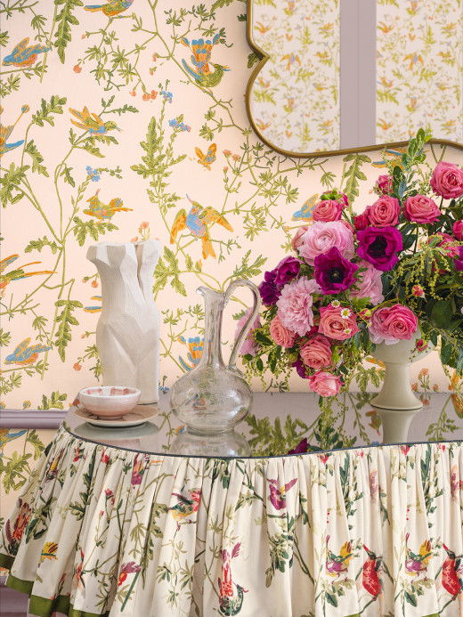Cole & Son Tapete Hummingbirds - Tangerine/ Olive on Blush