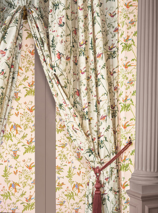 Cole & Son Carta da parati Hummingbirds - Tangerine/ Olive on Blush