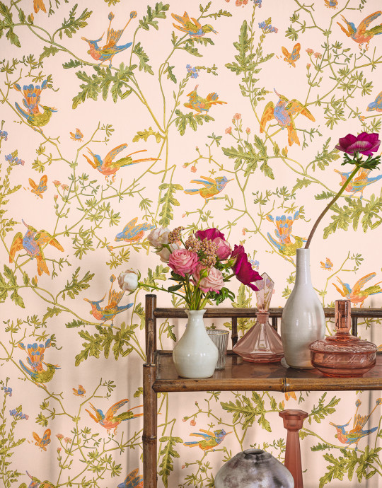 Cole & Son Tapete Hummingbirds - Tangerine/ Olive on Blush