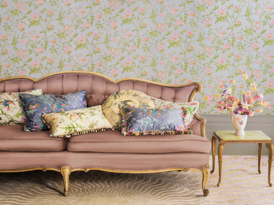 Cole & Son Tapete Hummingbirds - Rose/ Olive on Grey