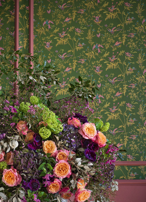 Cole & Son Wallpaper Hummingbirds - Fuchsia on Racing Green