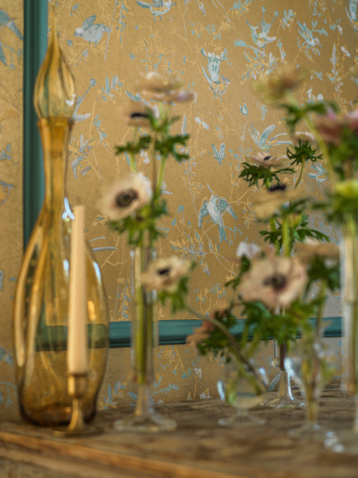 Cole & Son Wallpaper Hummingbirds - Ice Blue on Metallic Gold