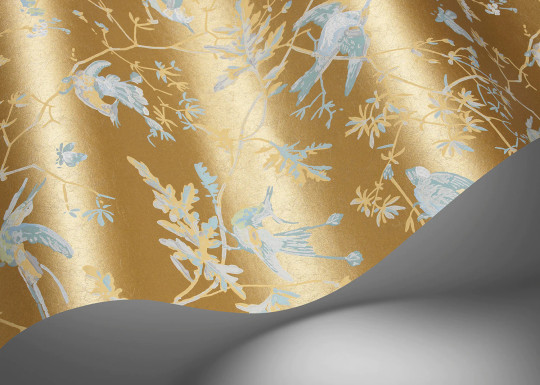 Cole & Son Papier peint Hummingbirds - Ice Blue on Metallic Gold