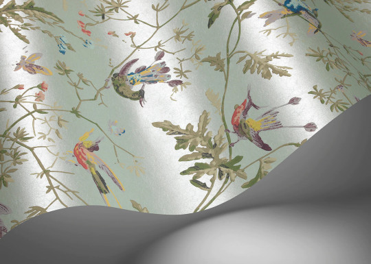 Cole & Son Papier peint Hummingbirds - Multi/ Old Olive on Duck Egg Mica