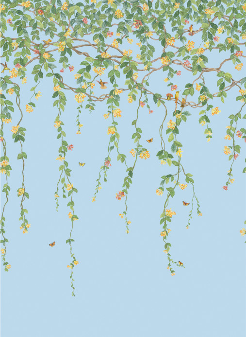 Cole & Son Papier peint Hummingbirds Flora - Buttercup Yellow on Cornflower Blue