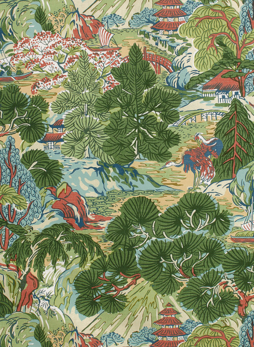 Thibaut Tapete Pagoda Trees - Coral and Green