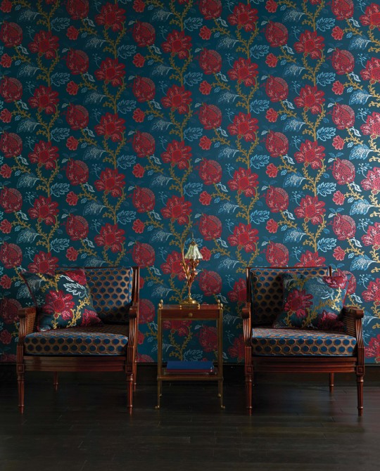 Nina Campbell Wallpaper Coromandel Blue/ Red/ Neutral