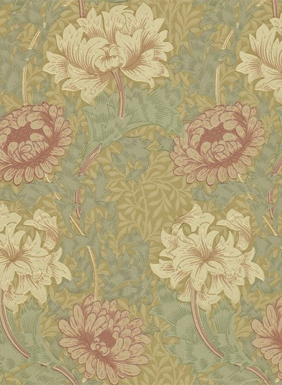 Morris & Co Carta da parati Chrysanthemum Toile - Pink/ Yellow/ Green