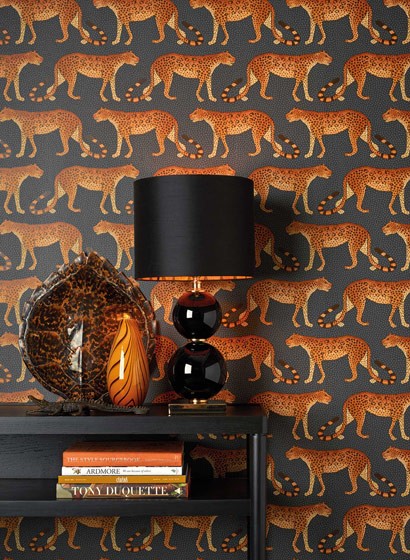 Cole & Son Papier peint Leopard Walk - Charcoal/ Orange