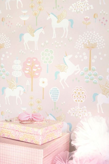 Majvillan Papier peint True Unicorns - Soft Pink/ Turquoise/ Orange/ Green/ Cream White