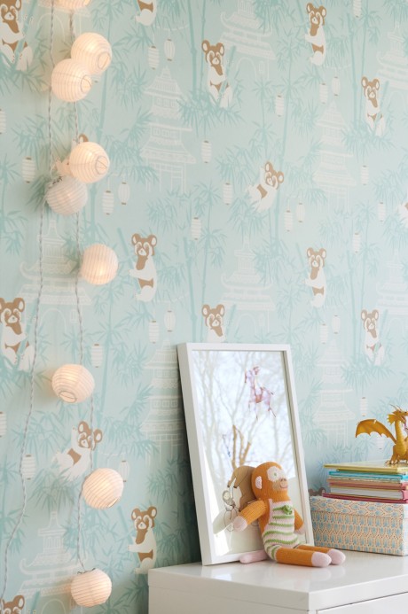 Majvillan Wallpaper Bambu Soft Turquoise/ Brown/ Cream White