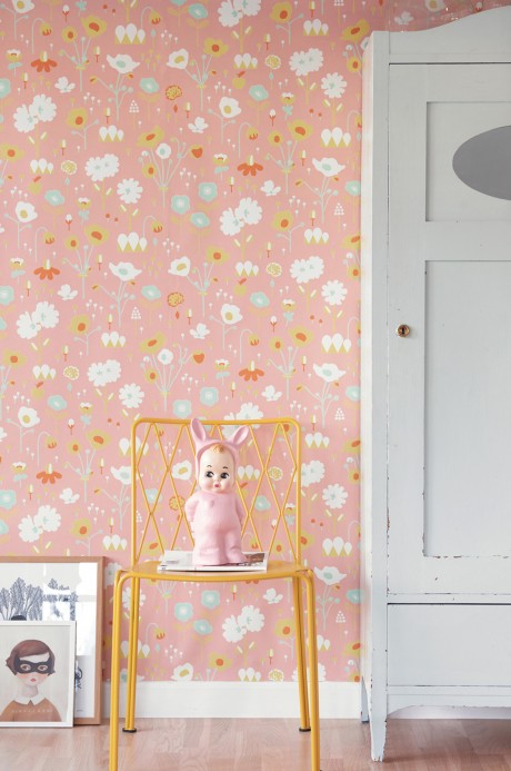 Majvillan Wallpaper Bloom Dusty Pink/ Turquoise/ Yellow/ Orange/ White