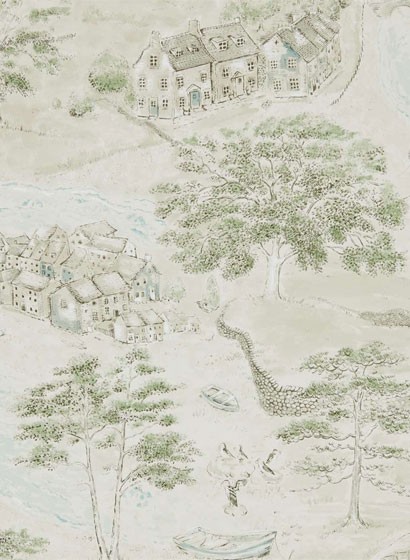 Landschaft Tapete Sea Houses von Sanderson - Green/ Sand
