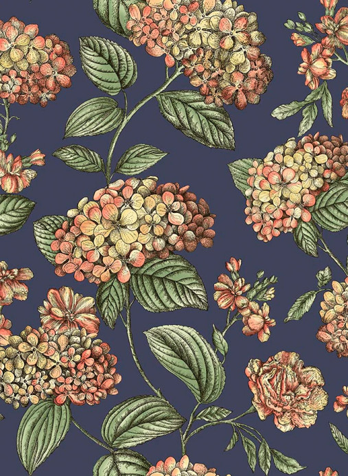 Cole & Son Tapete Ramo di Ortensia - Coral on Dark Blue