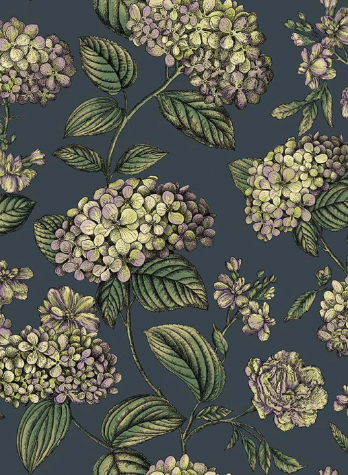 Cole & Son Wallpaper Ramo di Ortensia - Lime/ Purple on Ink