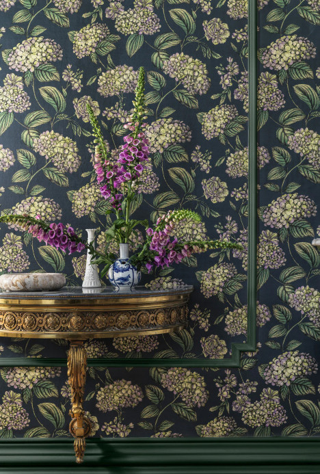 Cole & Son Wallpaper Ramo di Ortensia - Lime/ Purple on Ink