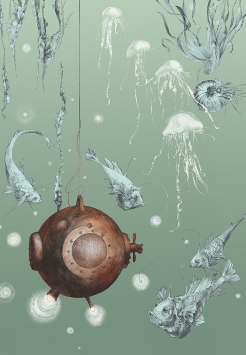 Edmond Petit Papier peint Nautilus/ Méduses/ Nénuphars - Nautilus gauche - Aqua