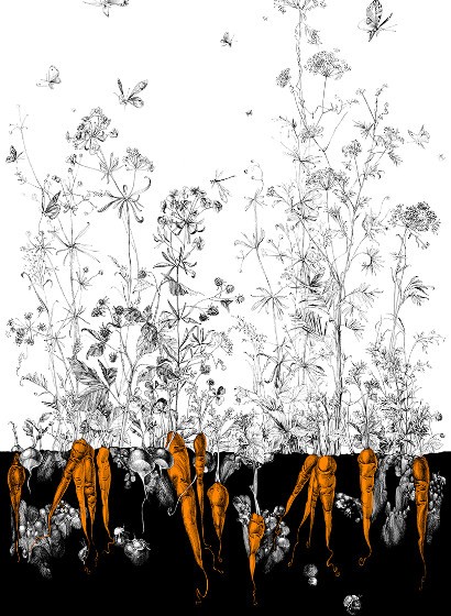 Edmond Petit Wallpaper Licvres/Fenouil/Tournesol - Noir Orange Fenouil Sauvage Droit - Noir Orange Doré