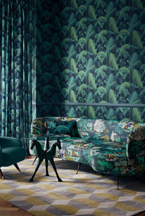 Cole & Son Tessuto Palm Jungle Velvet - Viridian/ Petrol on Black