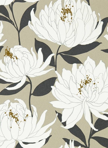 Chrysanthemen Tapete Sebal von Harlequin - Platinum/ Ebony