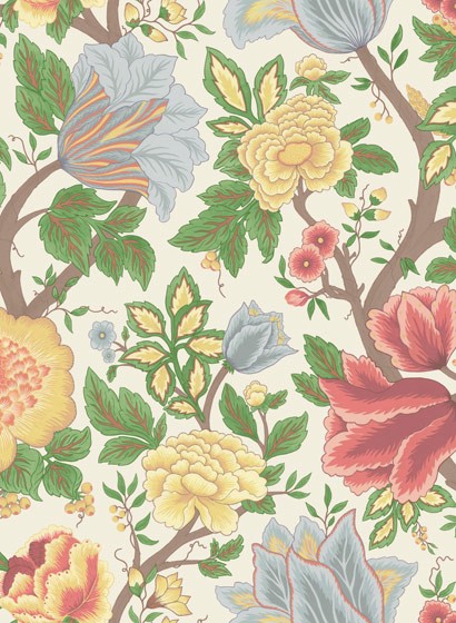 Cole & Son Carta da parati MIdsommer Bloom - Chartreuse, Rouge & Leaf Green on Parchment