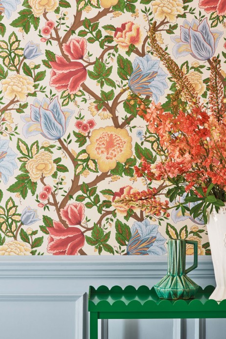 Cole & Son Wallpaper  Midsommer Bloom - Chartreuse, Rouge & Leaf Green on Parchment