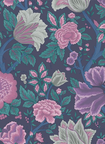 Cole & Son Papier peint MIdsommer Bloom - Mulberry, Purple & Teal on Ink