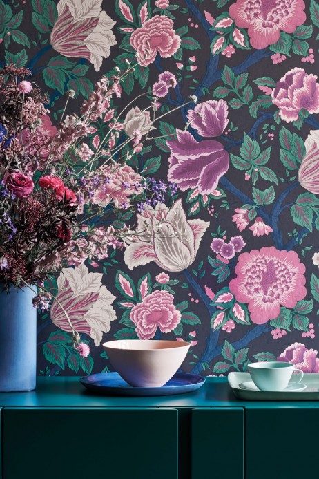 Cole & Son Wallpaper Midsommer Bloom - Mulberry, Purple & Teal on Ink
