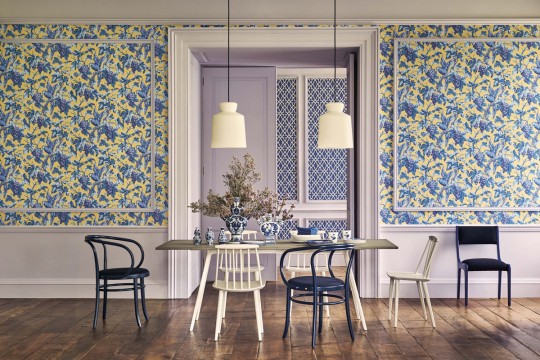 Cole & Son Wallpaper  Woodvale Orchard - Hyacinth, Lilac & China Blue on Ochre
