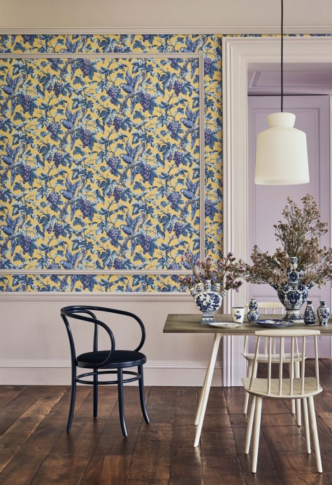 Cole & Son Wallpaper  Woodvale Orchard - Hyacinth, Lilac & China Blue on Ochre