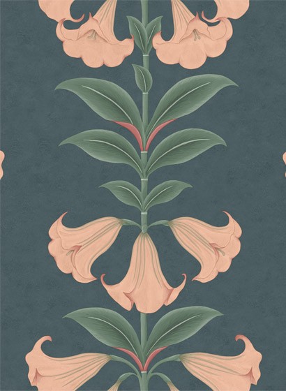 Cole & Son Wallpaper Angels Trumpet Coral/ Viridian on Ink