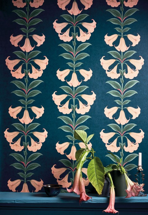 Cole & Son Wallpaper Angels Trumpet Coral/ Viridian on Ink