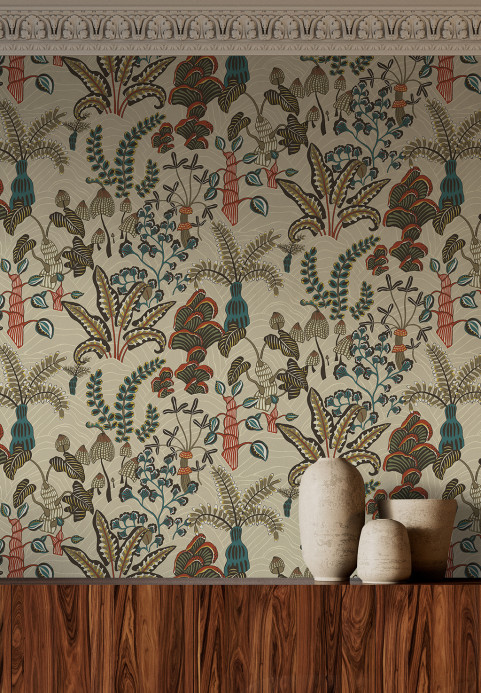 Josephine Munsey Tapete Woodland Floor - Stone and Teal