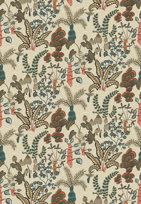 Josephine Munsey Wallpaper Woodland Floor - Stone and Teal