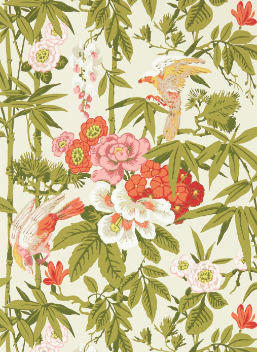 Sanderson Wallpaper Bamboo and Birds - Mandarin Red/ Olive