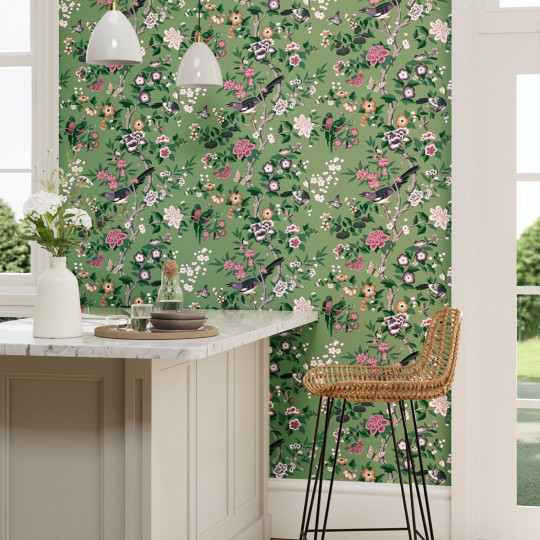 Sanderson Wallpaper Chinoiserie Hall - Chinese Green/ Lotus Pink