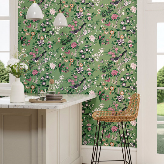 Sanderson Papier peint Chinoiserie Hall - Chinese Green/ Lotus Pink