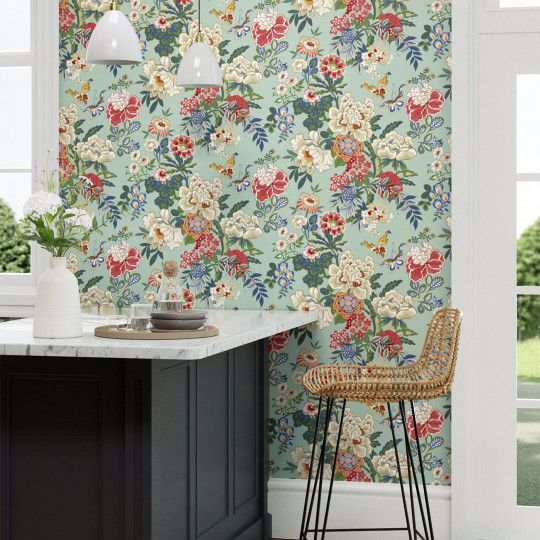 Sanderson Papier peint Emperor Peony - Jade/ Apricot