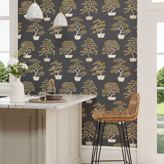 Sanderson Wallpaper Penjing - Ink Black/ Gold