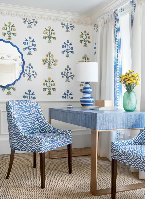 Thibaut Wallpaper Indian Flower - Blue and Yellow