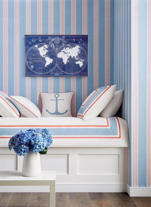 Thibaut Wallpaper Canvas Stripe - Blue and Coral