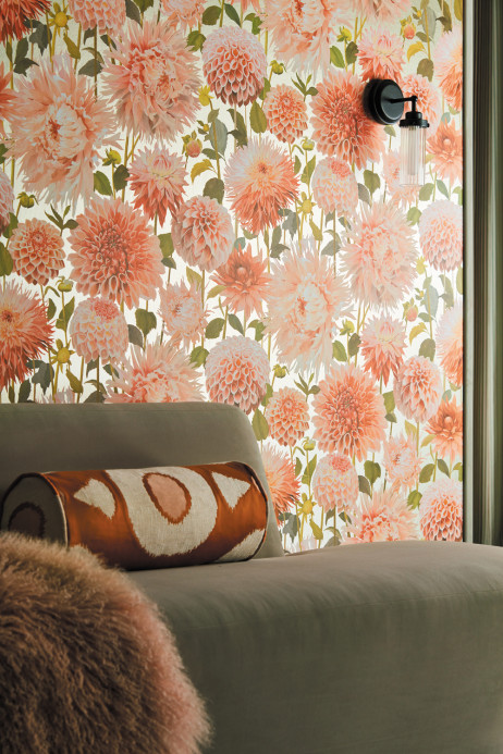 Harlequin Wallpaper Dahlia - Coral/ Fig Leaf/ Gilver
