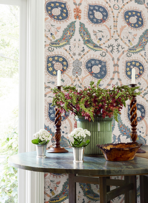 Thibaut Wallpaper Lewis - Coral and Blue